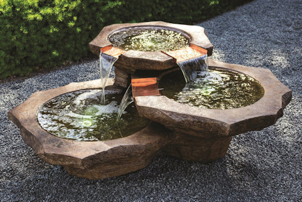 Triple Stone Basin Fountain Copper Spill ways modernist lighted cement